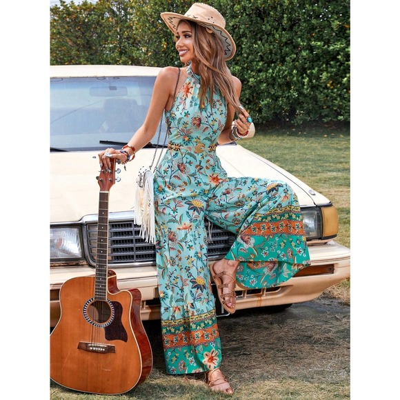 WILA Pants - boho Floral Print Halter Neck Wide Leg Jumpsuit blue (Without Belt)